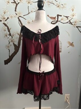 Burgundy and Black Lace-Trim Two-Piece Pajama Set